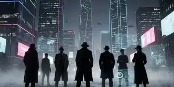 Cartel promocional futurista de una serie de drama criminal, con luces de neón y siluetas misteriosas.
