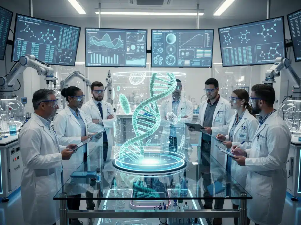 Científicos en un laboratorio de alta tecnología, observando una proyección holográfica, representando la investigación y los avances de las tramas de ciencia ficción.