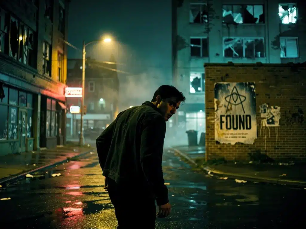 Escena tensa de un thriller psicológico, con un personaje en un entorno urbano desolado, generando intriga y misterio.