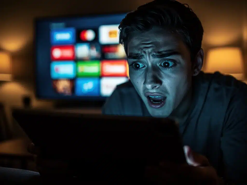 Persona concentrada viendo una serie en una tablet, con iconos de streaming de fondo, simbolizando el enganche a las producciones.