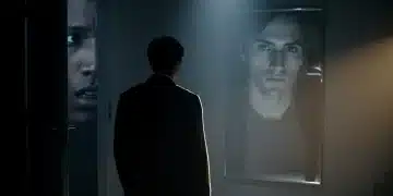 Figura enigmática en una habitación oscura, que evoca el suspense psicológico de las series de 2026.