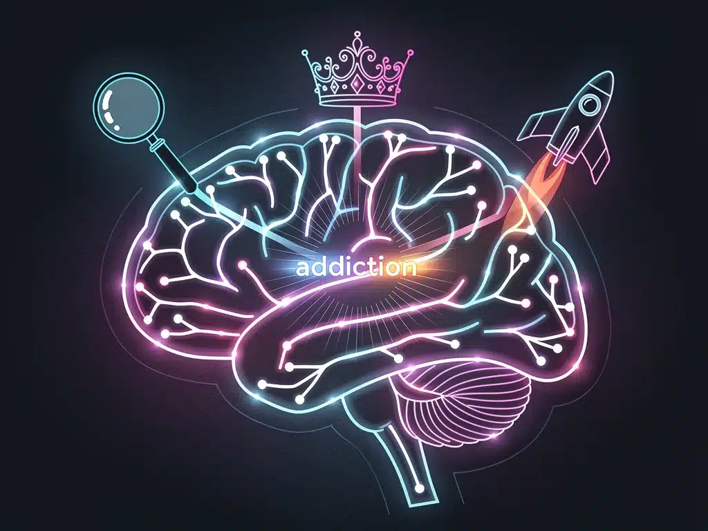 Ilustración de un cerebro con vías neuronales brillantes, representando el impacto psicológico de series adictivas y sus diversos géneros.