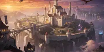 Paisaje épico de fantasía con castillos y criaturas míticas al atardecer, evocando misterio y aventura.