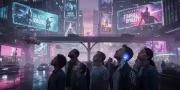 Paisaje urbano futurista con luces de neón y hologramas de series, evocando el ambiente de las miniseries de ciencia ficción de 2026.