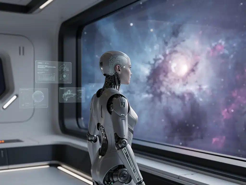 Personaje de ciencia ficción dentro de una nave espacial, mirando una nebulosa, simbolizando la exploración y los misterios de las miniseries de 2026.