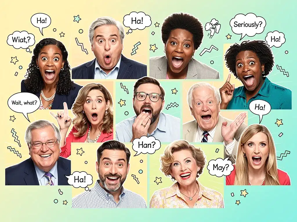 Collage de personajes de series de comedia con expresiones divertidas y veraniegas.