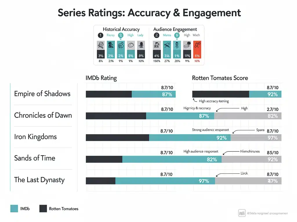 Gráfico comparativo de puntuaciones de IMDB y Rotten Tomatoes para las series históricas precisas 2026, resaltando su acogida crítica y popular.