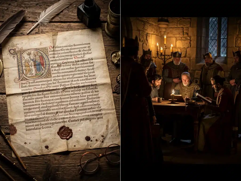 Comparación visual entre un documento histórico auténtico y una escena de una serie, destacando la precisión de las series históricas precisas 2026.