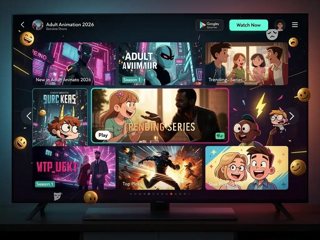 Escena vibrante de personajes animados de diversos géneros interactuando en una interfaz de streaming, representando la diversidad de 2026.