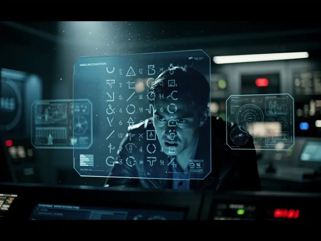 Escena de intriga de una serie de suspense futurista con elementos de alta tecnología.