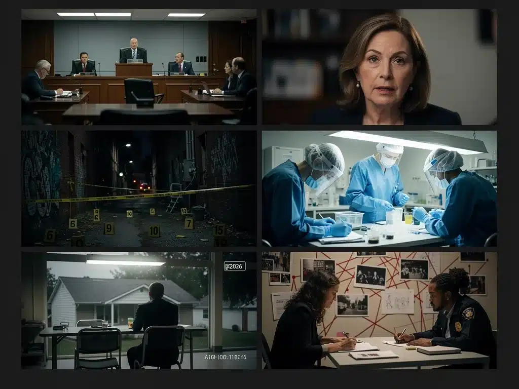 Collage de escenas de documentales de crímenes reales, incluyendo tribunales, entrevistas y reconstrucciones, ilustrando la diversidad temática.
