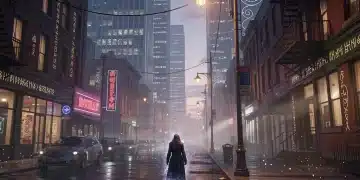 Paisaje urbano mágico al anochecer, destacando la fusión de elementos sobrenaturales y la realidad cotidiana.
