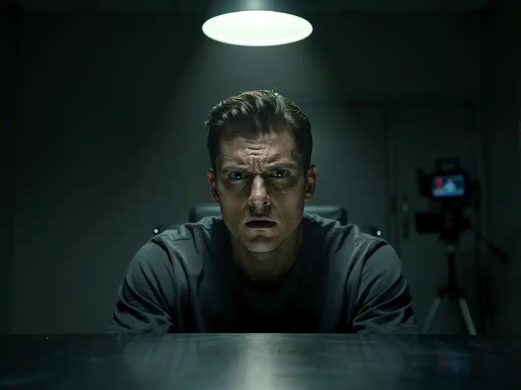 Personaje bajo interrogatorio en una sala oscura, reflejando la tensión psicológica del suspense.