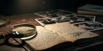 Mesa de detective con cuaderno, lupa y fotos de escenas del crimen borrosas, iluminada. Simboliza la investigación de crímenes reales en 2026.