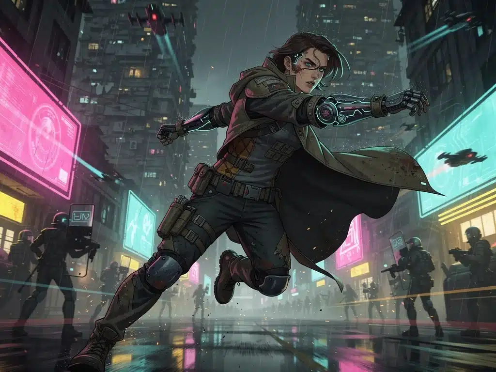 Ilustración detallada de un personaje de una serie animada futurista para adultos, destacando su diseño complejo.
