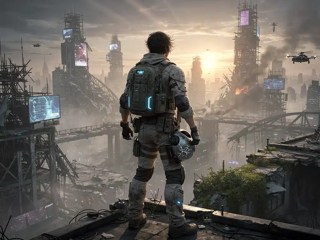 Personaje con equipo de supervivencia contemplando una ciudad futurista en ruinas en una serie distópica.