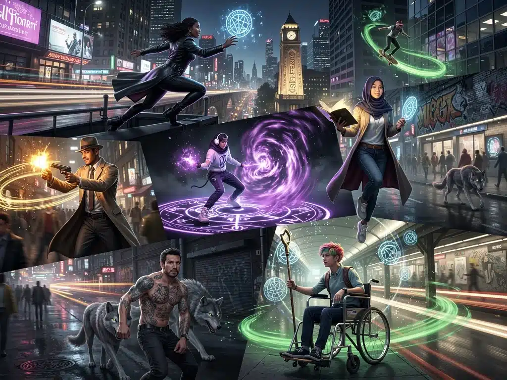 Personajes diversos de series de fantasía urbana mostrando sus poderes en entornos urbanos.