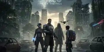 Póster promocional de una serie post-apocalíptica de ciencia ficción, con un paisaje urbano en ruinas y personajes futuristas.
