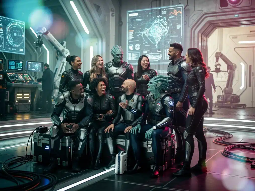 Equipo de producción filmando una escena de una serie futurista para Netflix en 2026.