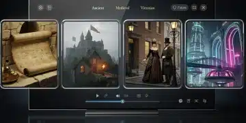 Las 5 series históricas más precisas y cautivadoras de 2026 (Análisis de datos de IMDB y Rotten Tomatoes), mostrando elementos de diferentes épocas y una interfaz de streaming.