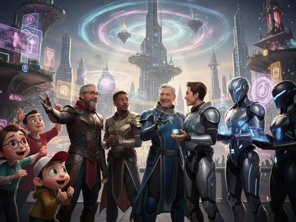 Escena de una nueva serie original de Disney+ con personajes variados, destacando la diversidad de géneros.